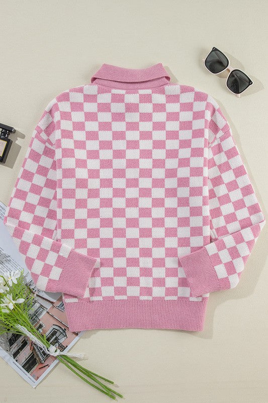 Rosalin - Women's V-Neck Sweater with Checkered Design and Buttons