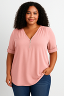 Caro Blouse – Chiffon Pullover with Deep V-Neck and Zipper Detail