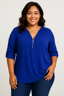 Caro Blouse – Chiffon Pullover with Deep V-Neck and Zipper Detail