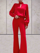 Selene Dames Jumpsuit – Lange Mouw Hoge Hals Wijde Pijp