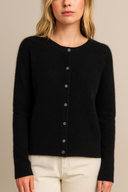 Black cardigan worn by a person on a beige background