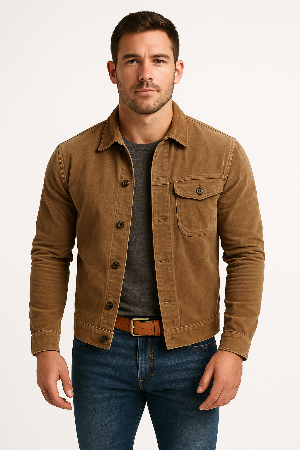 Man wearing a brown jacket, gray shirt, and blue jeans on a white background