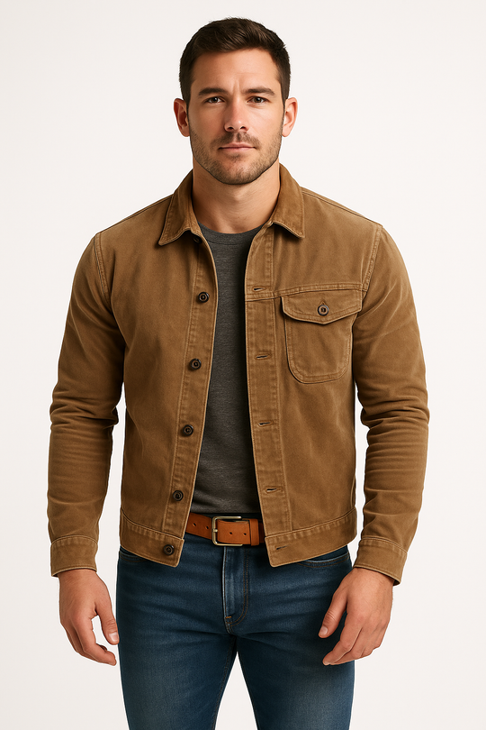 Man wearing a brown jacket, gray shirt, and blue jeans on a white background