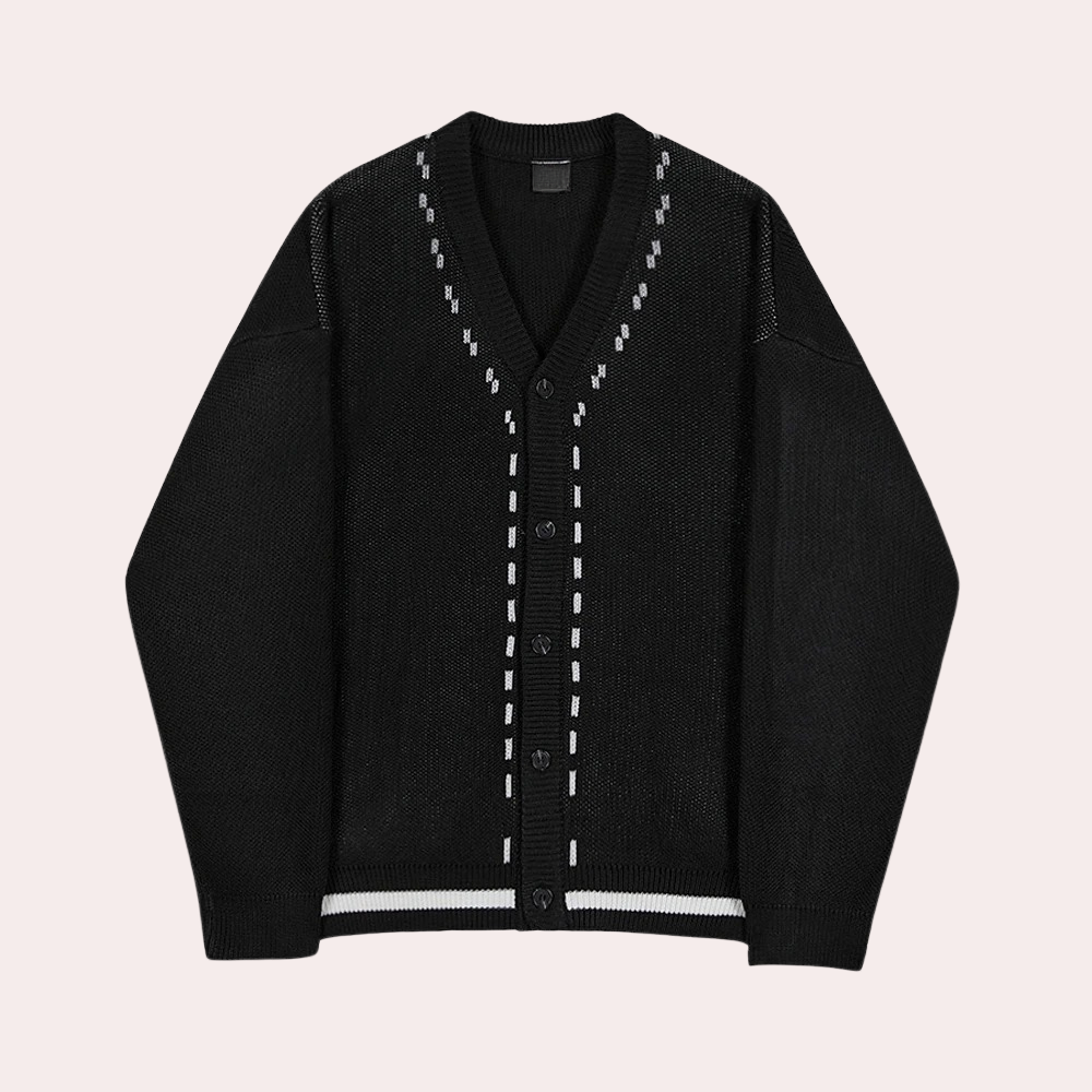 Wilson Men’s Oversized Cardigan – Casual Button-Up Knit Sweater with Contrast Stripes
