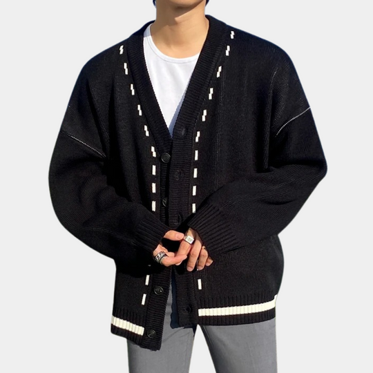 Wilson Men’s Oversized Cardigan – Casual Button-Up Knit Sweater with Contrast Stripes