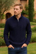 Ryan Herren Woll-Halbzip-Pullover – Kabelstrickpullover mit hohem Kragen