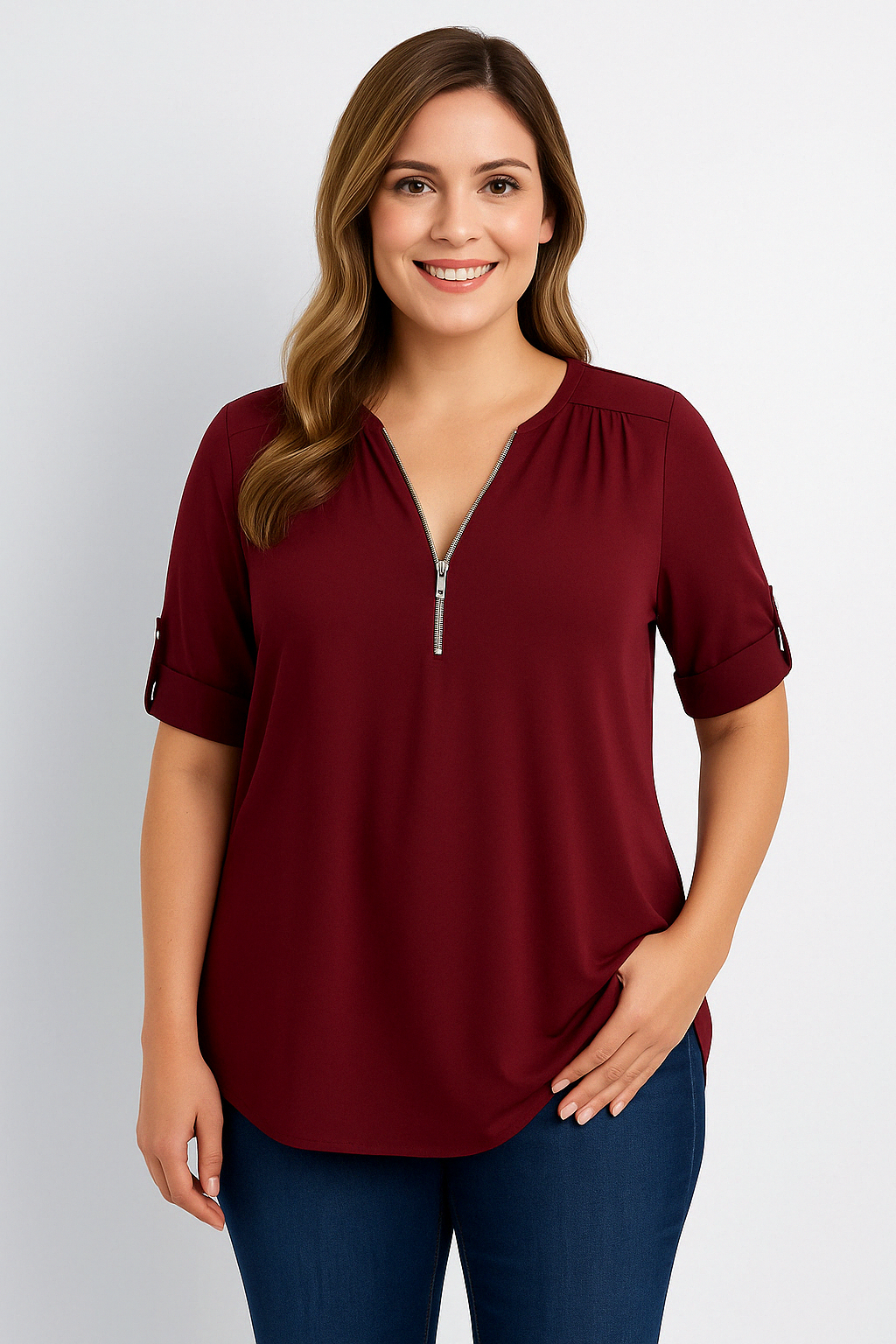 Caro Blouse – Chiffon Pullover with Deep V-Neck and Zipper Detail
