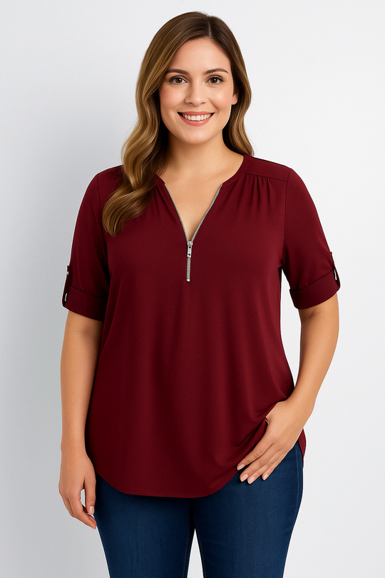 Caro Blouse – Chiffon Pullover with Deep V-Neck and Zipper Detail