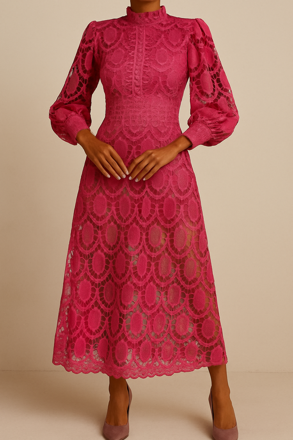Pink lace dress on a beige background