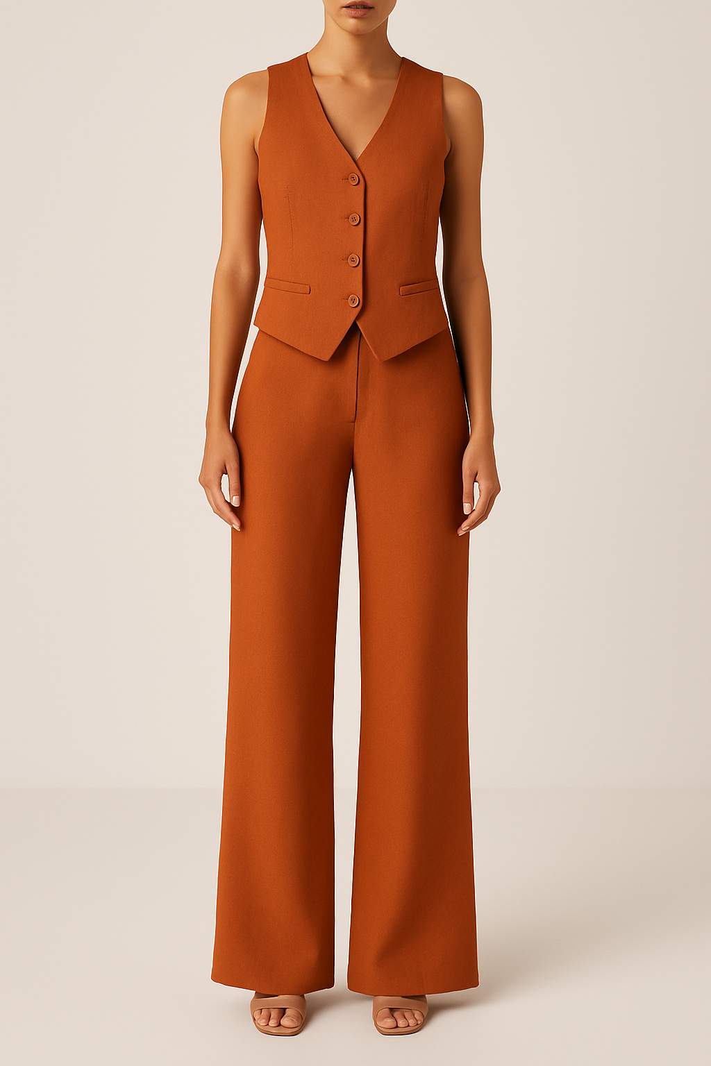 Brown vest and pants set on a plain background