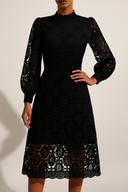 Black lace dress with long sleeves on a neutral background