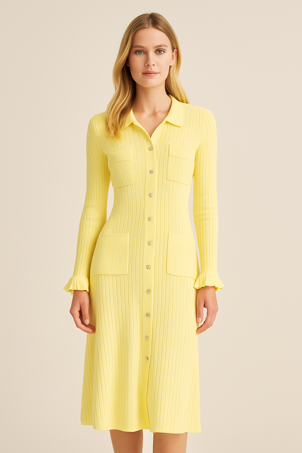 Woman wearing a yellow dress with a beige background