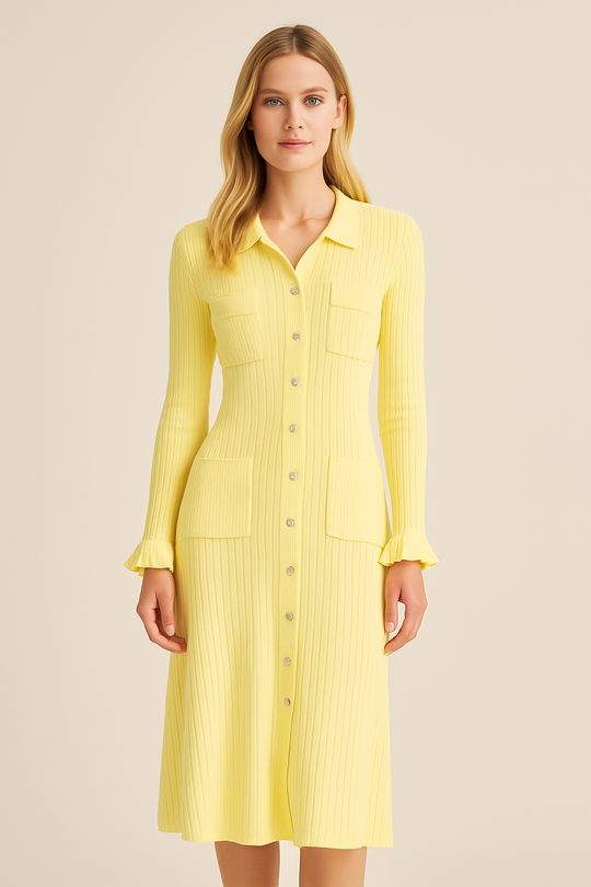Woman wearing a yellow dress with a beige background