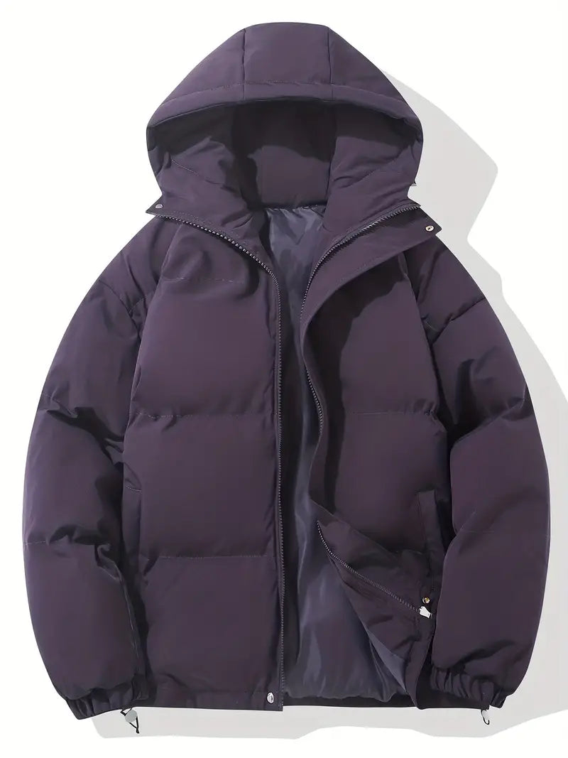 Purple puffer jacket with a hood on a white background