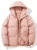 Pink puffer jacket with a hood on a white background