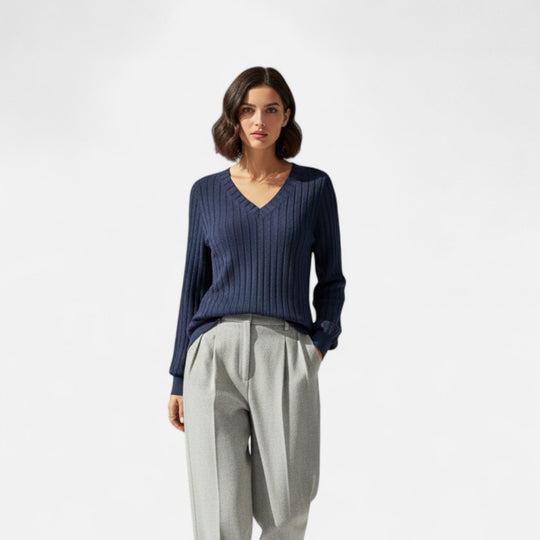 Barclay & Bloom | Dames Gebreide Trui – V-Hals Gestructureerde Lange Mouwen Top