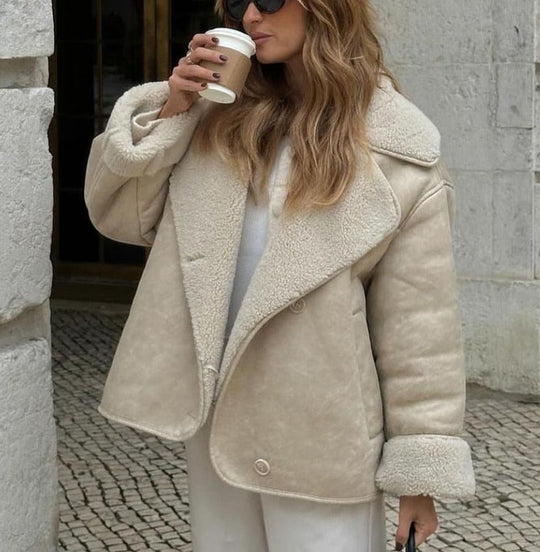 Alessia Women’s Shearling Coat – Short Double Breasted Winter Jacket