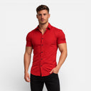 Heren Slim Fit Korte Mouw Overhemd Stretch Katoen Zomer Overhemd