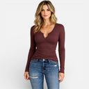 Dames Top met Lange Mouwen Slim Fit Geribd Rekbaar Met Split Hals