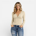 Dames Top met Lange Mouwen Slim Fit Geribd Rekbaar Met Split Hals