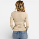 Dames Top met Lange Mouwen Slim Fit Geribd Rekbaar Met Split Hals