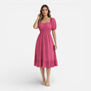 Women’s Square Neck Midi Dress Smocked Waist A-Line Summer