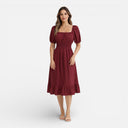 Women’s Square Neck Midi Dress Smocked Waist A-Line Summer