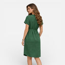 Dames lichte midi-jurk met ceintuur, V-hals en korte mouwen