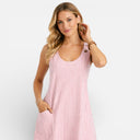 Damen gestreiftes Baumwoll-Sommerkleid – A-Linie knielang mit Taschen