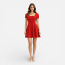 Damen Sommer Minikleid mit figurbetontem Oberteil und ausgestelltem Rock, kurze Ärmel, Stretchstoff