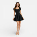 Damen Sommer Minikleid mit figurbetontem Oberteil und ausgestelltem Rock, kurze Ärmel, Stretchstoff