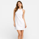 Damen Weißes Eyelet Mini-Kleid Ärmelloses Sommerurlaubskleid