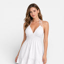 Damen Rückenfreies Neckholder Mini-Kleid Mit geraffter Taille Sommerkleid