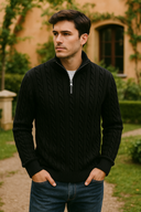 Ryan Herren Woll-Halbzip-Pullover – Kabelstrickpullover mit hohem Kragen