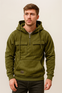 Man wearing a green hooded sweatshirt against a plain background