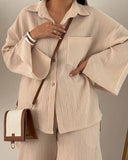 Barclay & Bloom | Damen 2-teiliger Baumwoll-Loungewear-Set – Hemd mit Knöpfen und Hosen mit weitem Bein