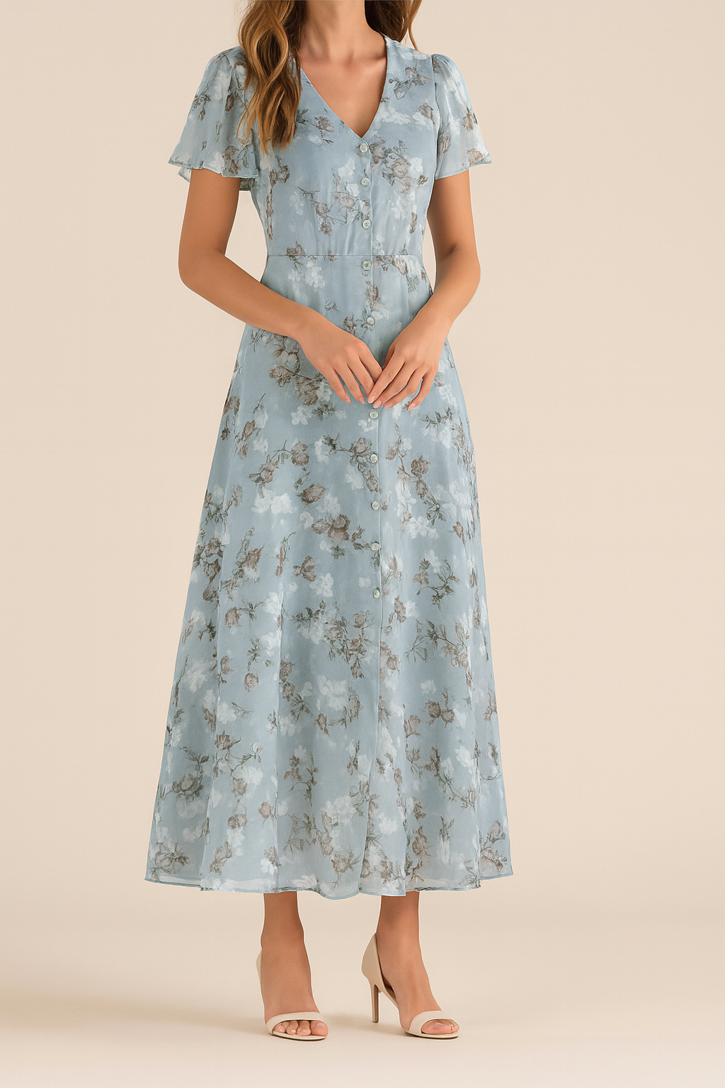 Woman wearing a light blue floral dress on a beige background