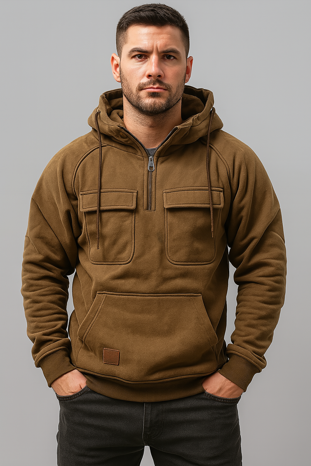 Man wearing a brown hoodie against a gray background