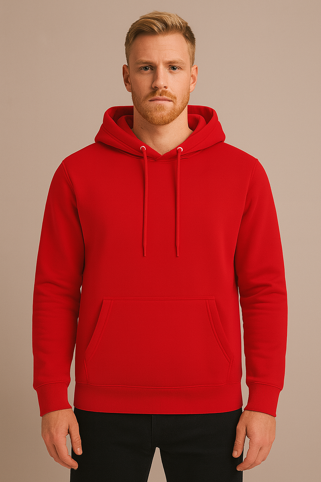 Man wearing a red hoodie against a beige background