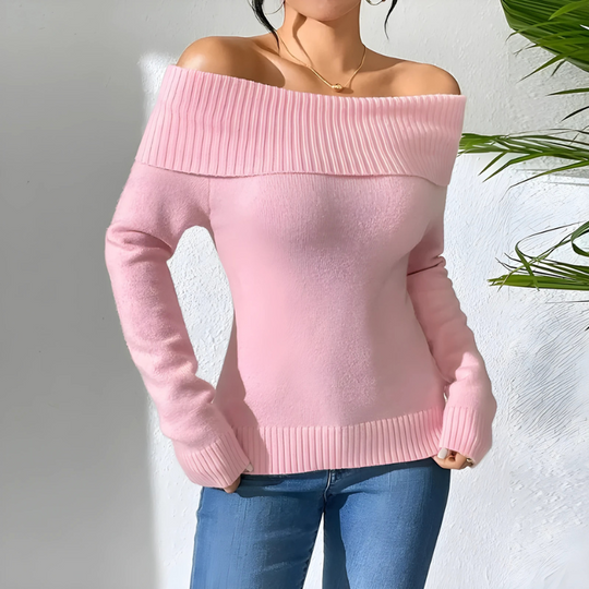Elara Women’s Off-Shoulder Knit Sweater – Ribbed Folded Neck Pullover