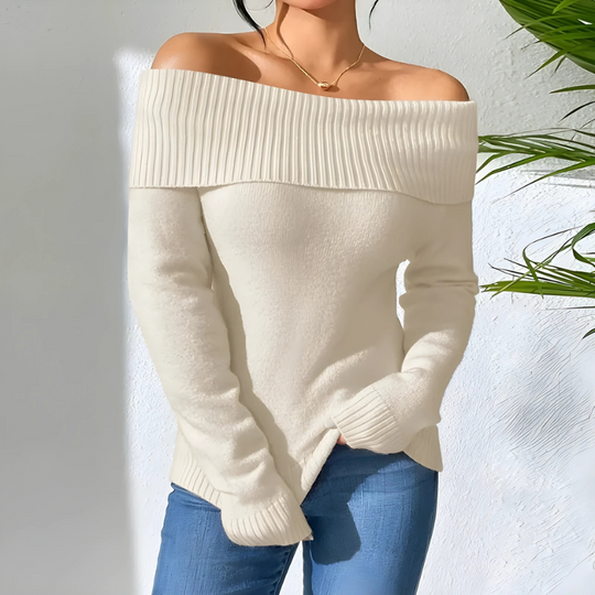 Elara Women’s Off-Shoulder Knit Sweater – Ribbed Folded Neck Pullover