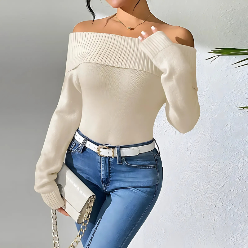 Elara Women’s Off-Shoulder Knit Sweater – Ribbed Folded Neck Pullover