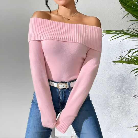 Elara Women’s Off-Shoulder Knit Sweater – Ribbed Folded Neck Pullover
