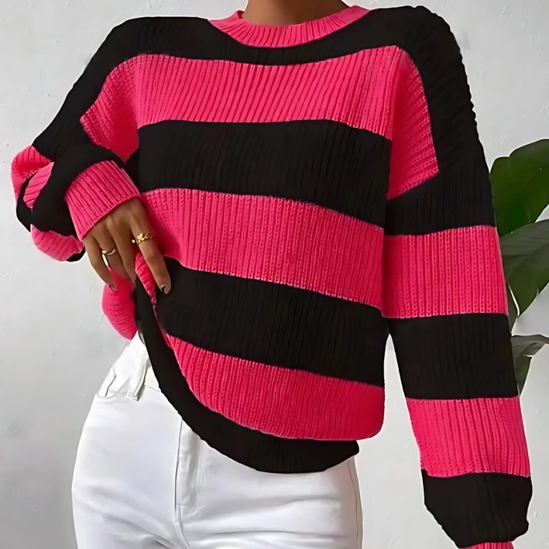 Elara Women’s Striped Knit Sweater – Long Sleeve Pullover