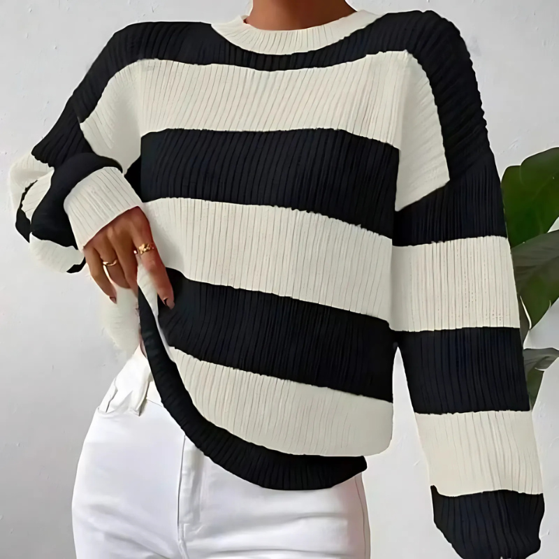 Elara Women’s Striped Knit Sweater – Long Sleeve Pullover