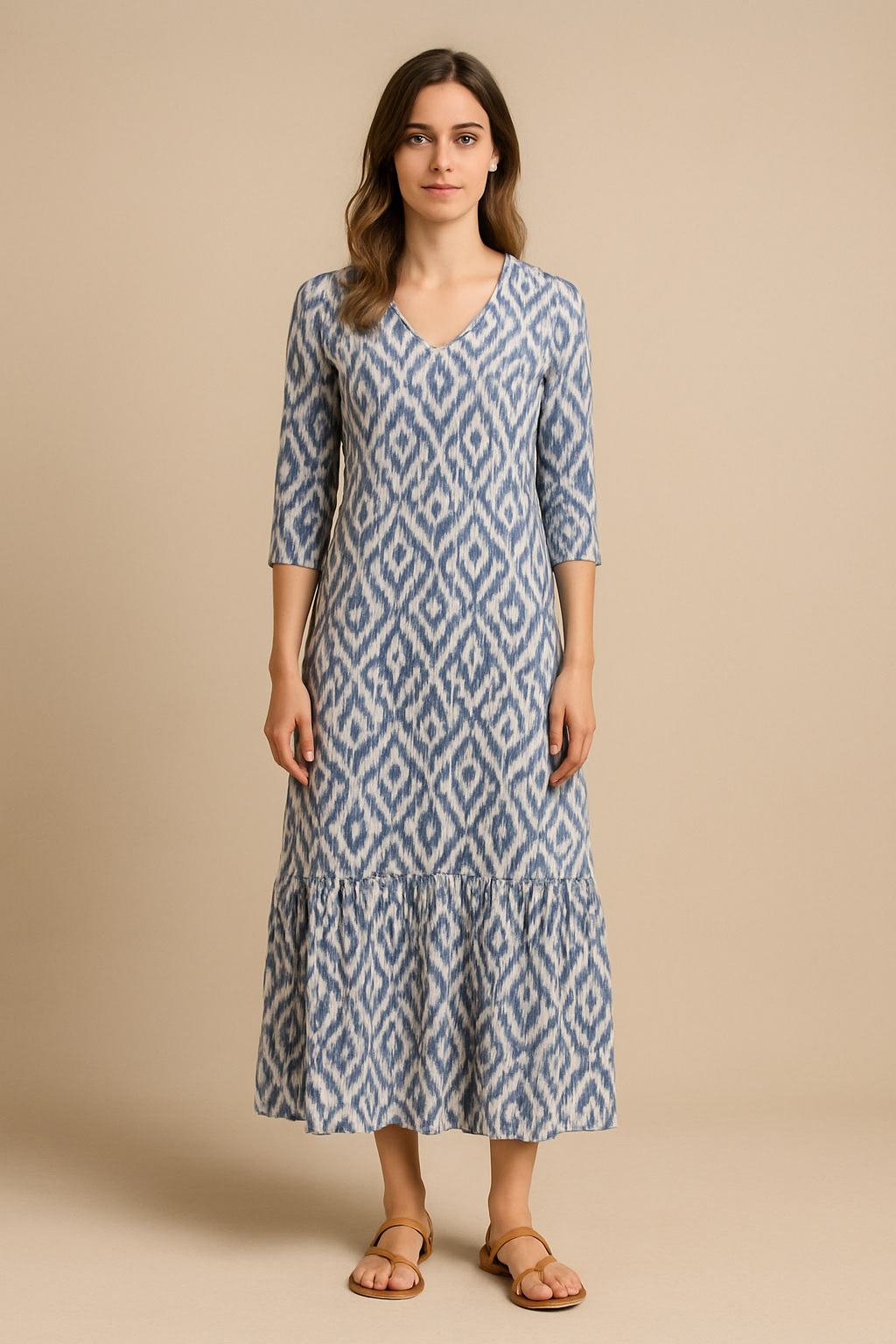 Woman wearing a blue patterned dress on a beige background