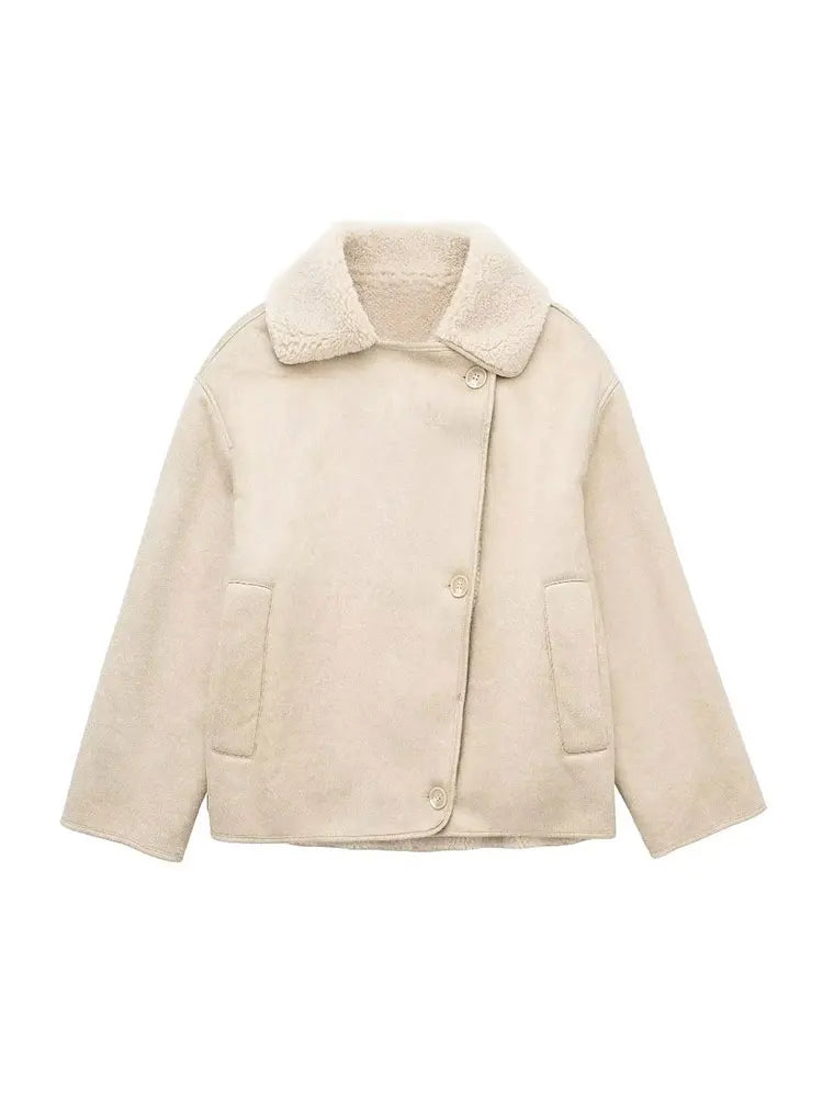 Alessia Women’s Shearling Coat – Short Double Breasted Winter Jacket