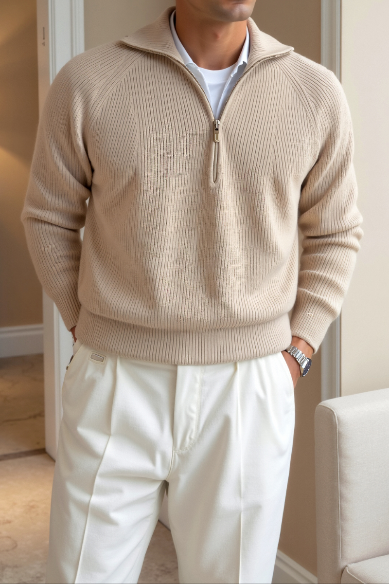 Caius – Men’s Beige Half-Zip Ribbed Sweater