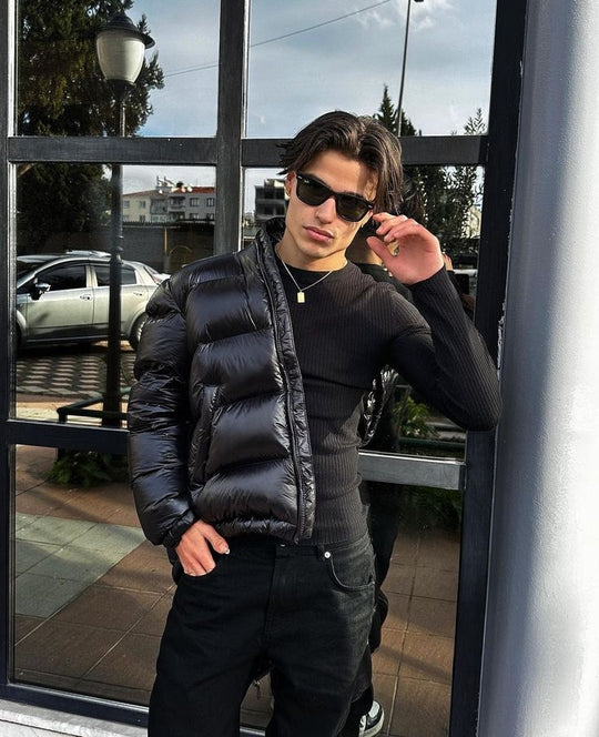 Noah Men’s Puffer Jacket – Shiny Quilted Winter Hooded Coat