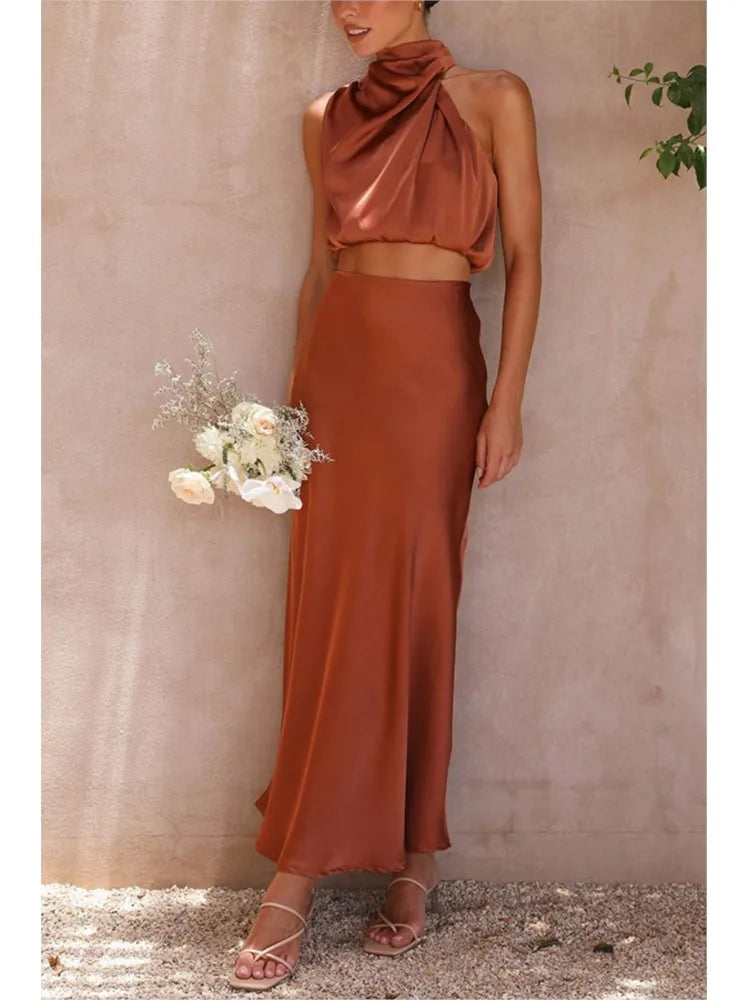 Nina – Elegante midi-rok & mouwloze crop top set